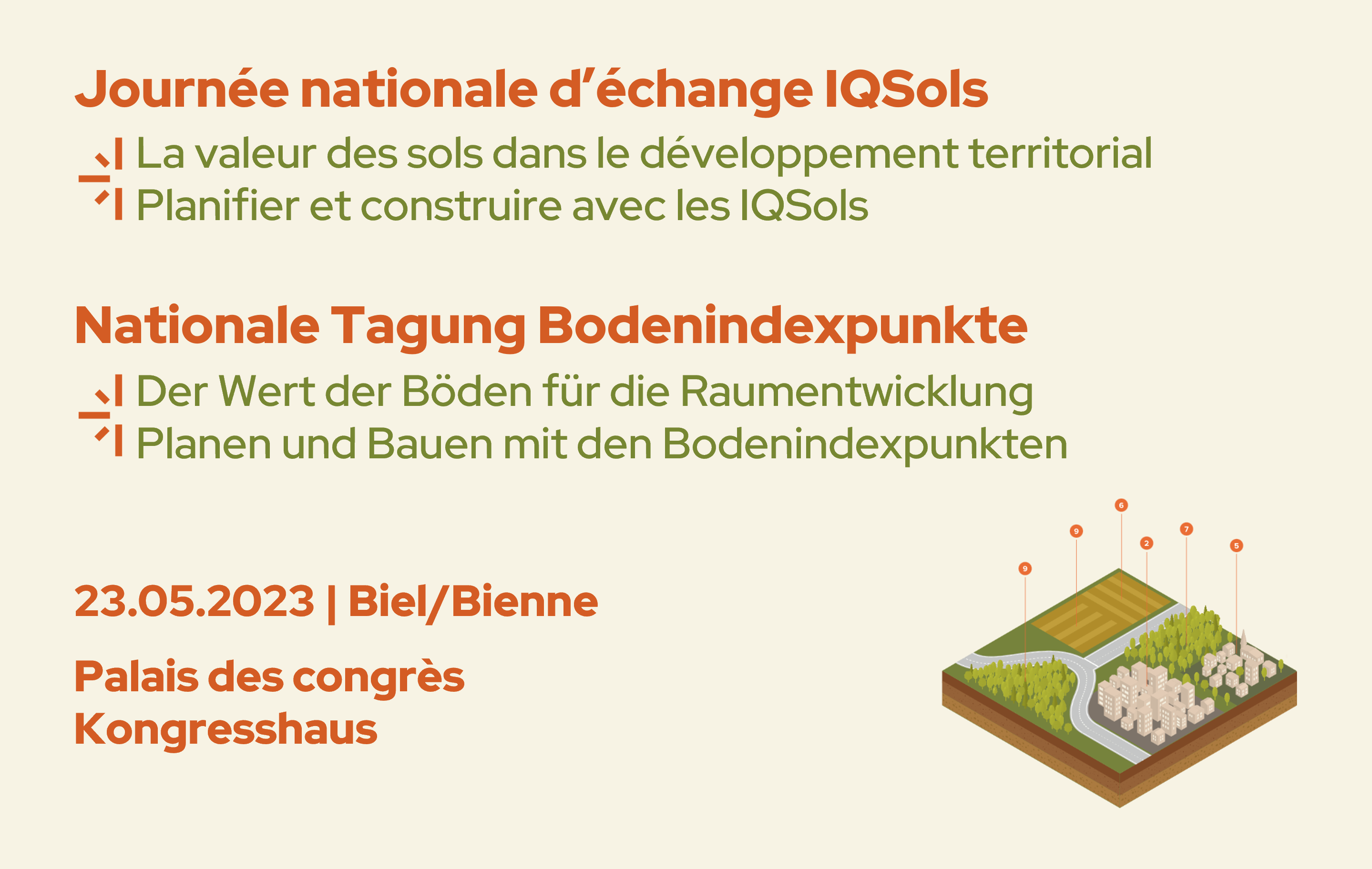 Visuel pour la promotion de la première journée nationale d'échange IQsols intitulée " La valeur des sols dans le développement territorial - Planifier et construire avec les IQSols ", le 23 mai 2023, à Bienne.